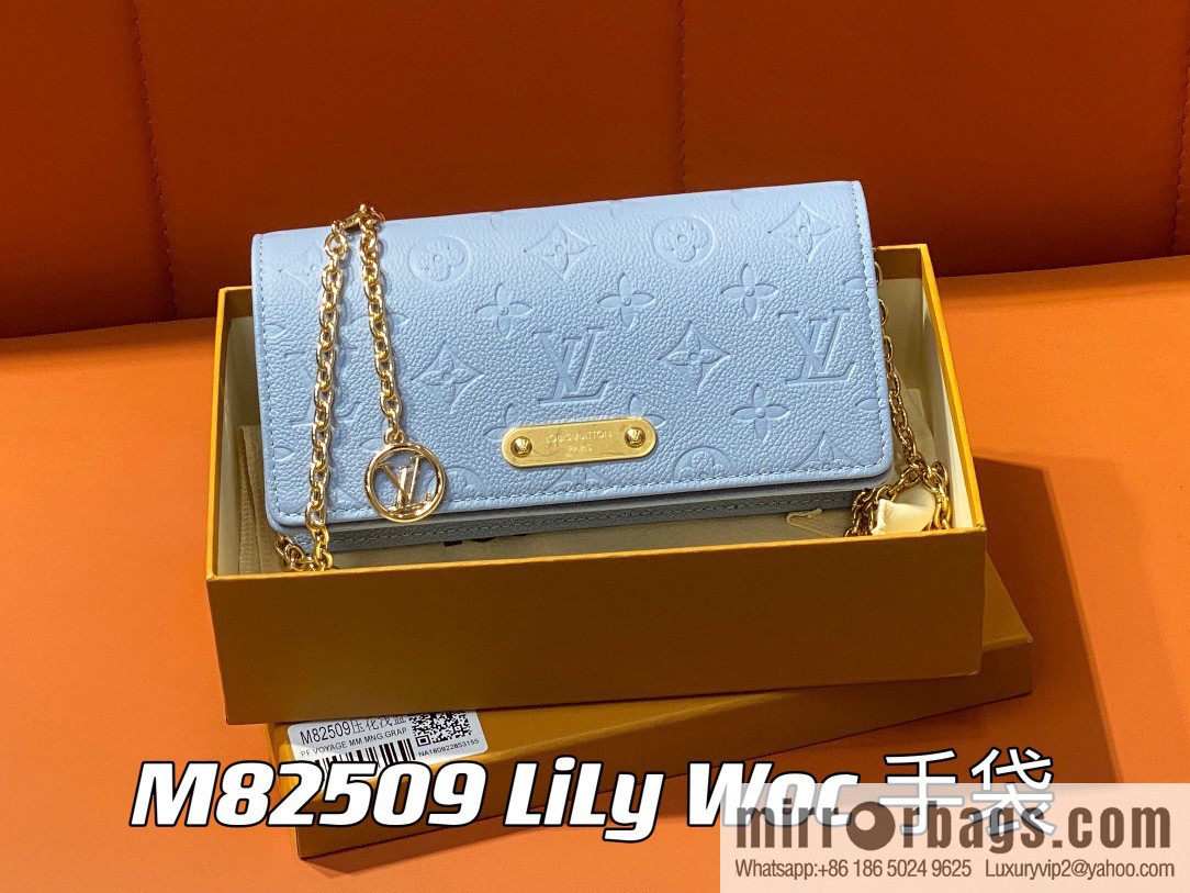 [Premium‑quality] M82509 light blue, full leather embossed chain bag series chain bag woc series LiLy Woc handbag