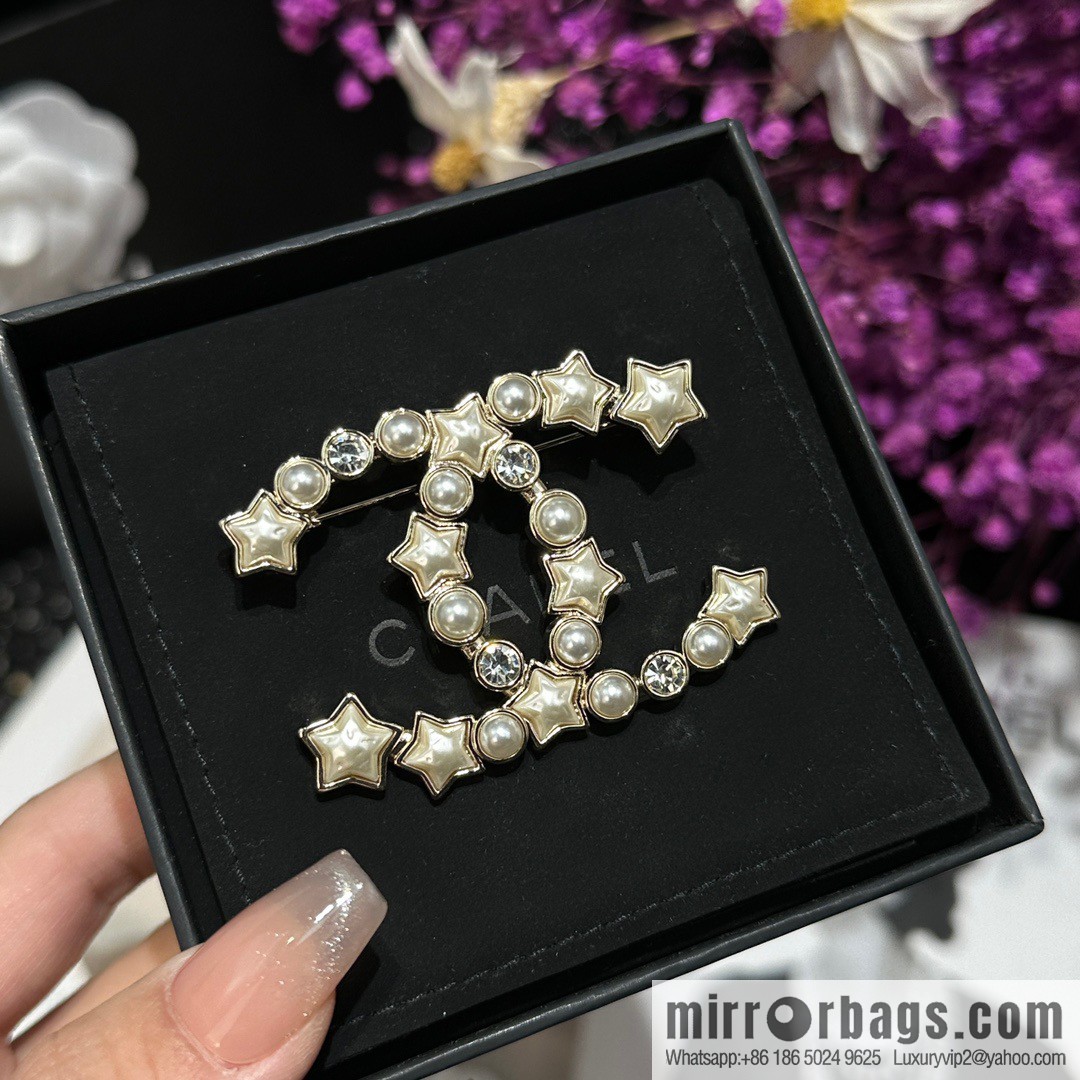 ☀️New ☑️ Chanel Double C Pentagram ⭐ Star Pearl Brooch ☀️