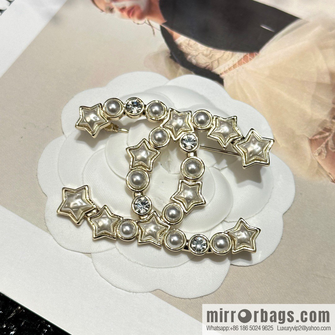 ☀️New ☑️ Chanel Double C Pentagram ⭐ Star Pearl Brooch ☀️