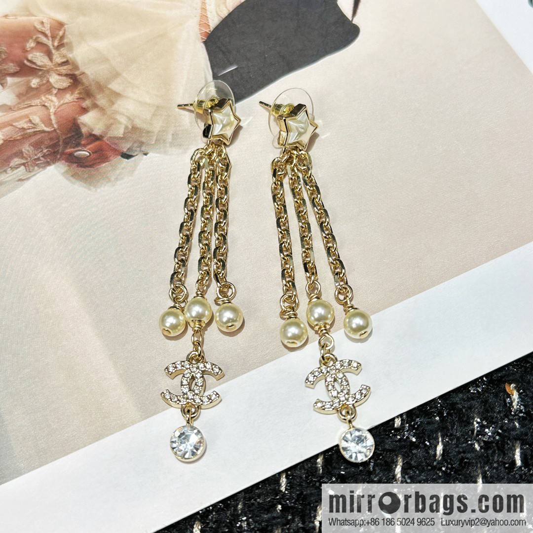 ☀️New ☑️ Chanel double c pentagram ⭐ star fringed stud earrings