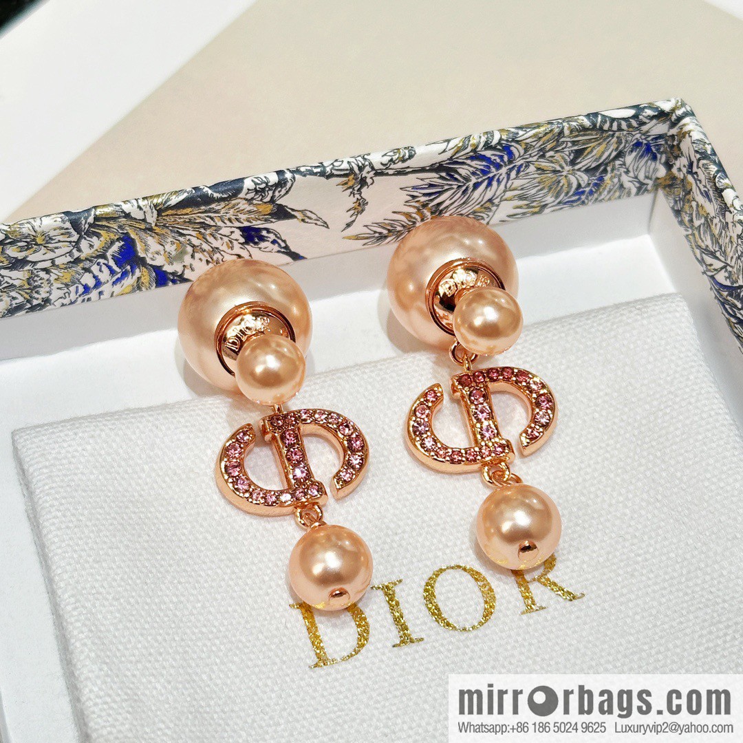 New ☑️ Dior rose gold CD pink diamond size pearl stud earrings