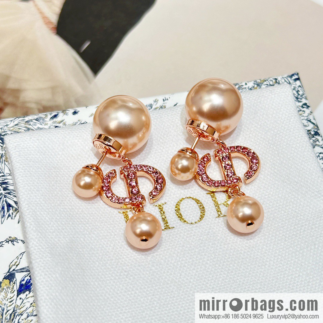 New ☑️ Dior rose gold CD pink diamond size pearl stud earrings