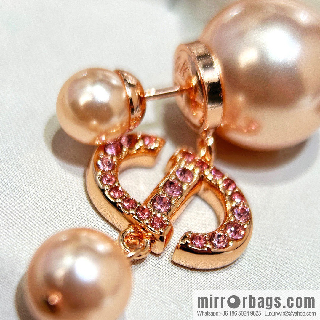 New ☑️ Dior rose gold CD pink diamond size pearl stud earrings