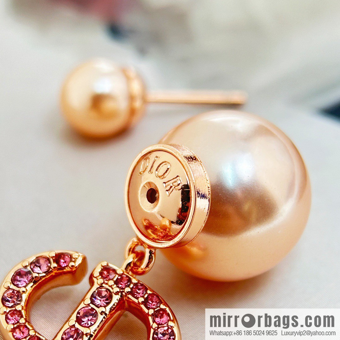 New ☑️ Dior rose gold CD pink diamond size pearl stud earrings