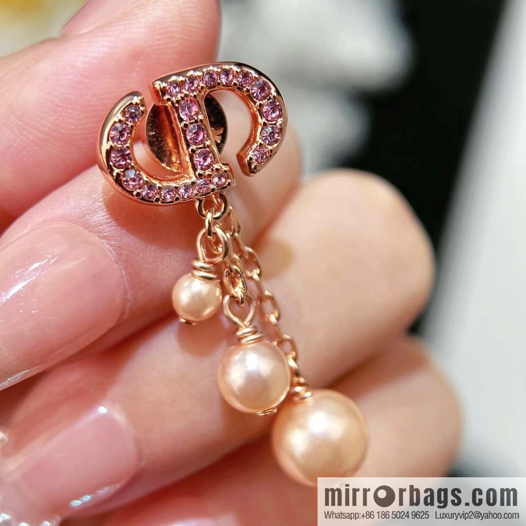 ☀️New ☑️ Dior pink diamond rose gold fringed pearl stud earrings ☀️