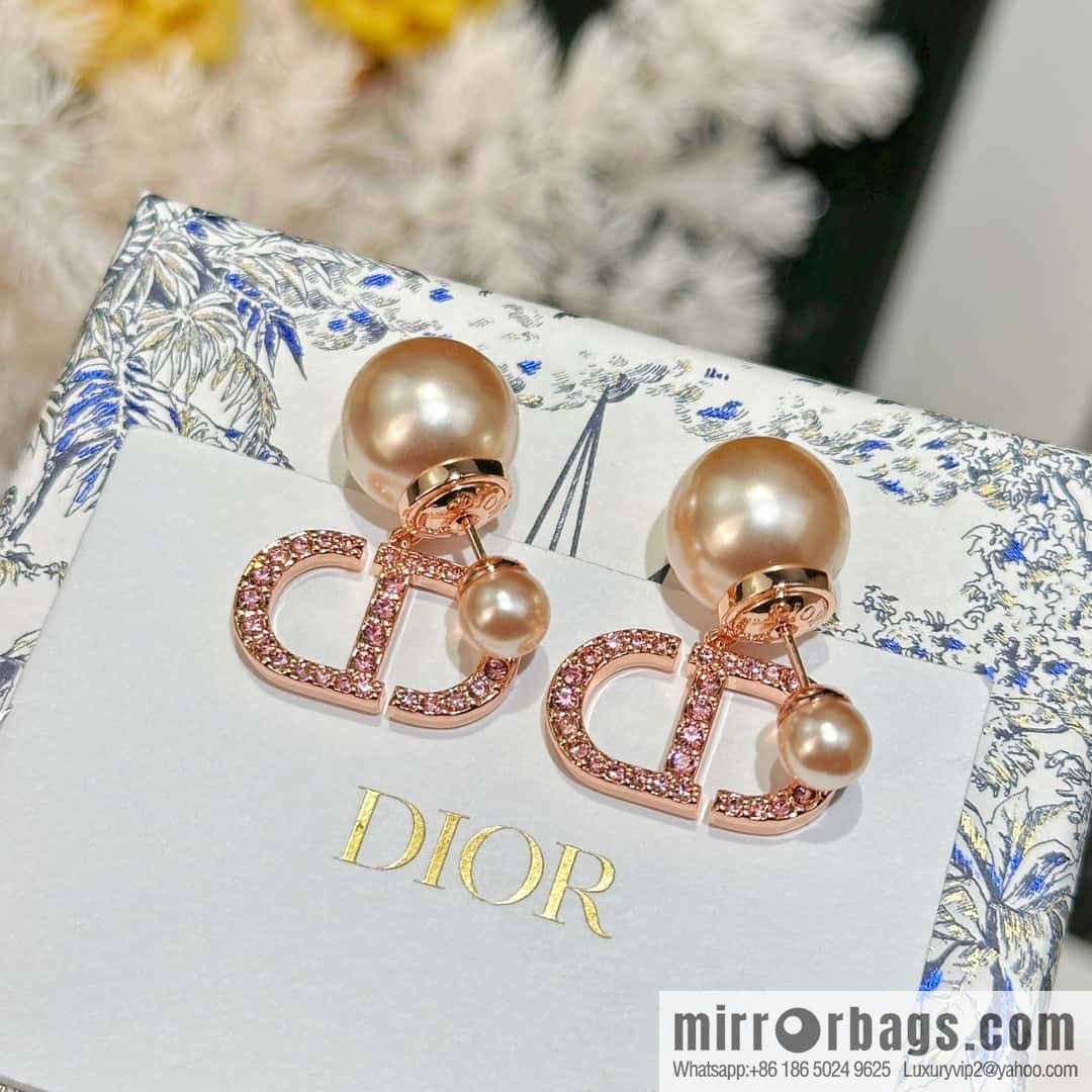☀️New ☑️ Dior pink diamond rose gold pearl stud earrings ☀️