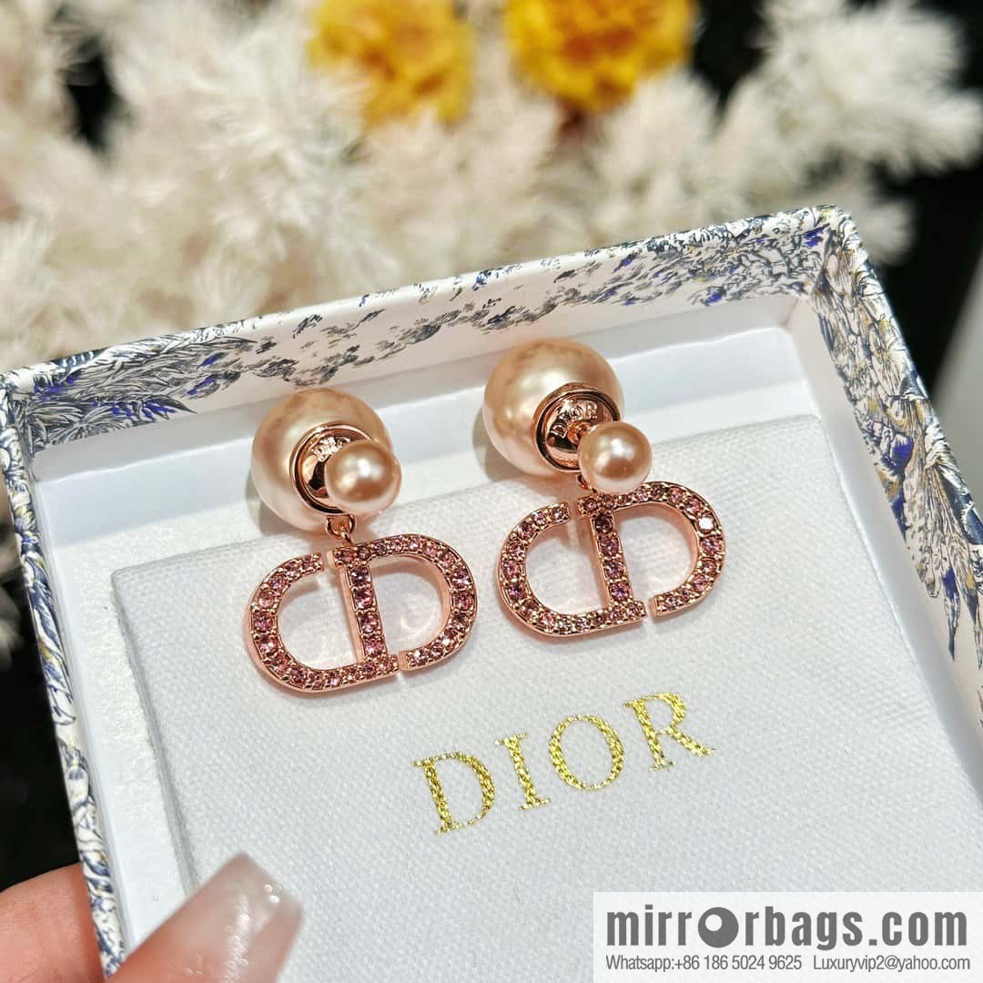 ☀️New ☑️ Dior pink diamond rose gold pearl stud earrings ☀️
