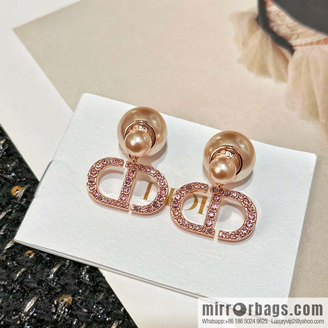 ☀️New ☑️ Dior pink diamond rose gold pearl stud earrings ☀️