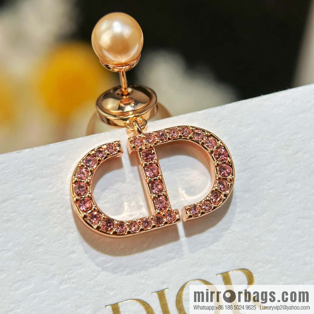☀️New ☑️ Dior pink diamond rose gold pearl stud earrings ☀️