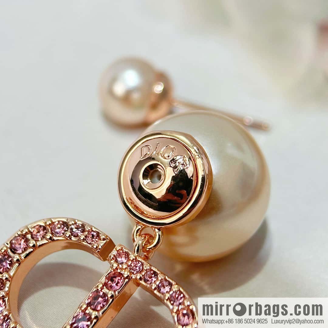 ☀️New ☑️ Dior pink diamond rose gold pearl stud earrings ☀️