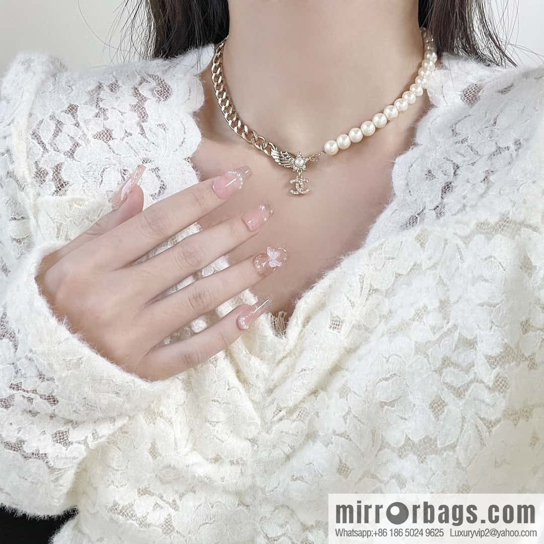 ☀️New ☑️ Chanel Double C Pentagram ⭐ Star Wings Pearl Necklace ☀️