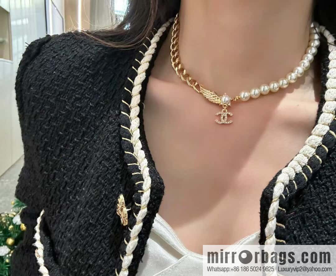 ☀️New ☑️ Chanel Double C Pentagram ⭐ Star Wings Pearl Necklace ☀️