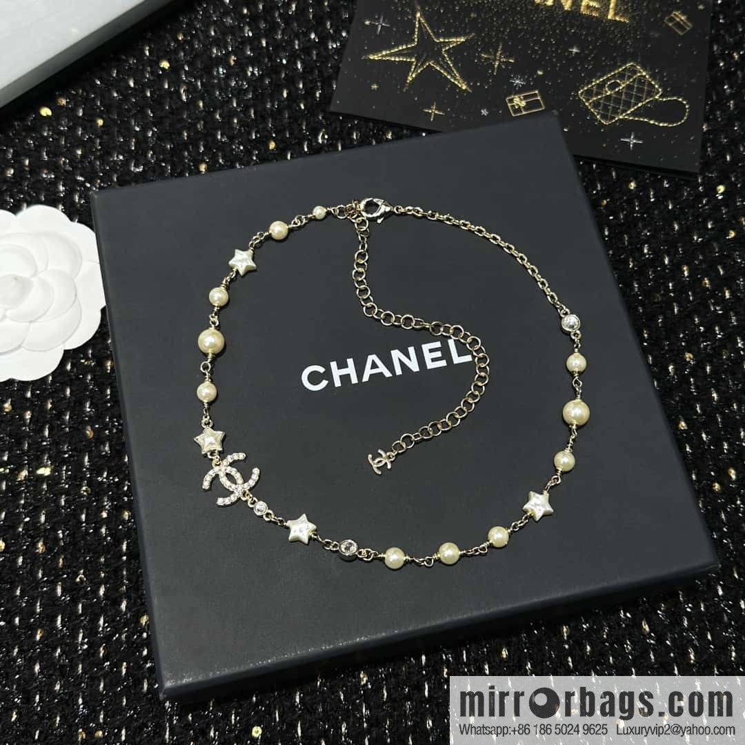 ☀️New ☑️ Chanel Full Diamond Double C Star ⭐ Pentagram Pearl Necklace ☀️