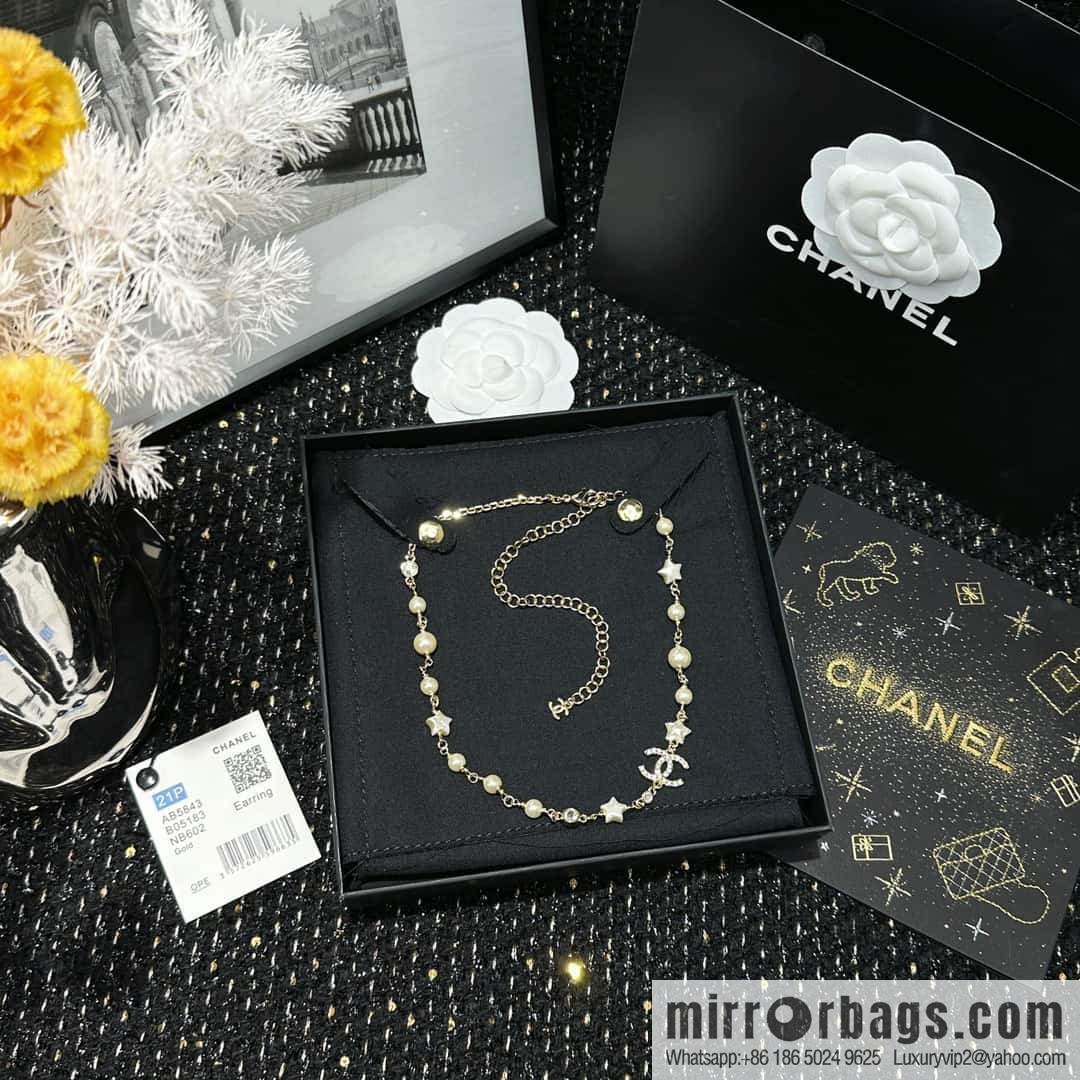 ☀️New ☑️ Chanel Full Diamond Double C Star ⭐ Pentagram Pearl Necklace ☀️