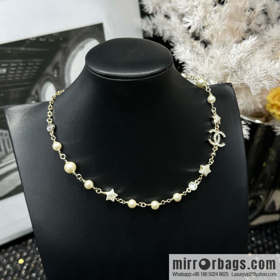 ☀️New ☑️ Chanel Full Diamond Double C Star ⭐ Pentagram Pearl Necklace ☀️