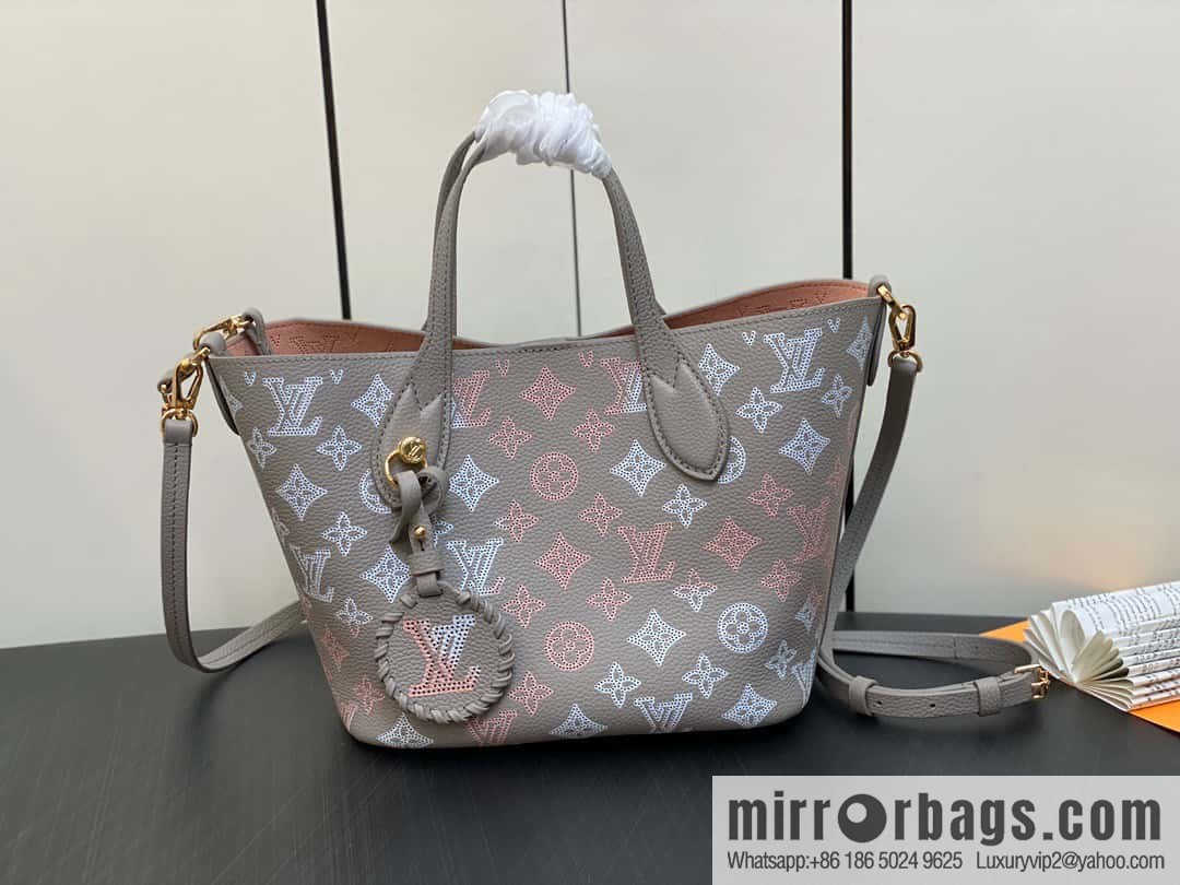 [Boutique‑grade] M23758 light gray, full leather bucket bag series Blossom small tote bag, gray gradual change (cut-out)