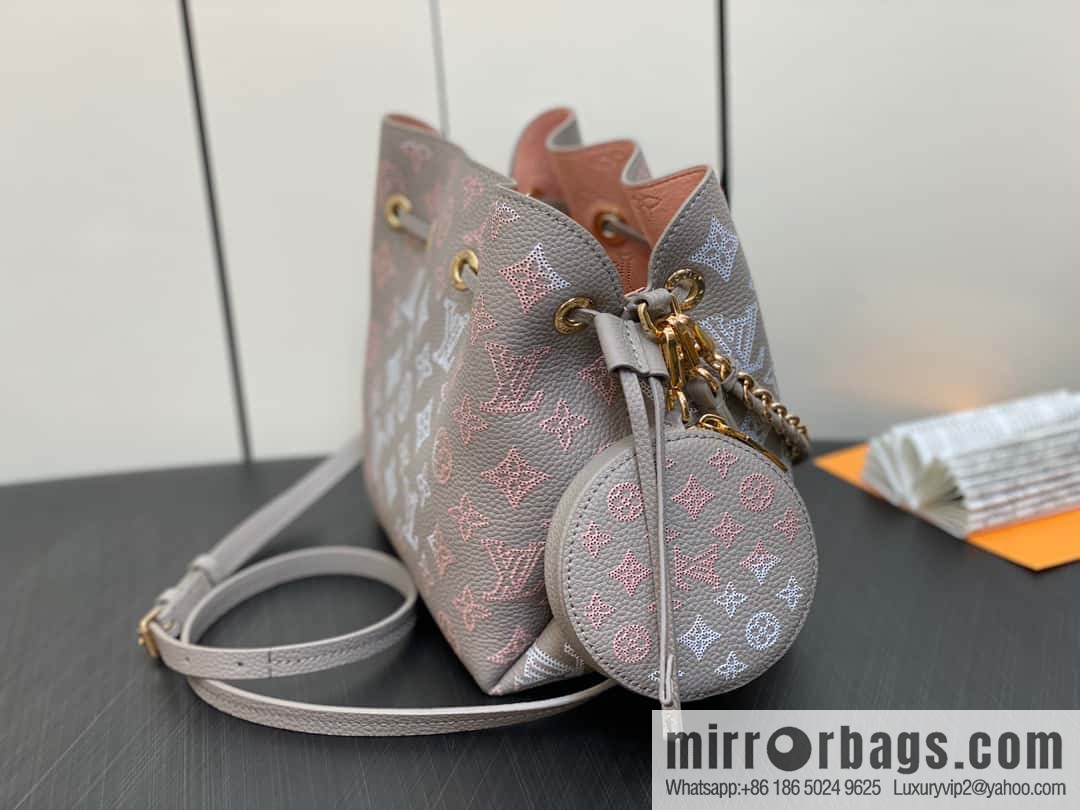 [Premium‑quality] M23388 light gray, full leather bucket bag series BELLA handbag, gray/gradual change (cut-out)