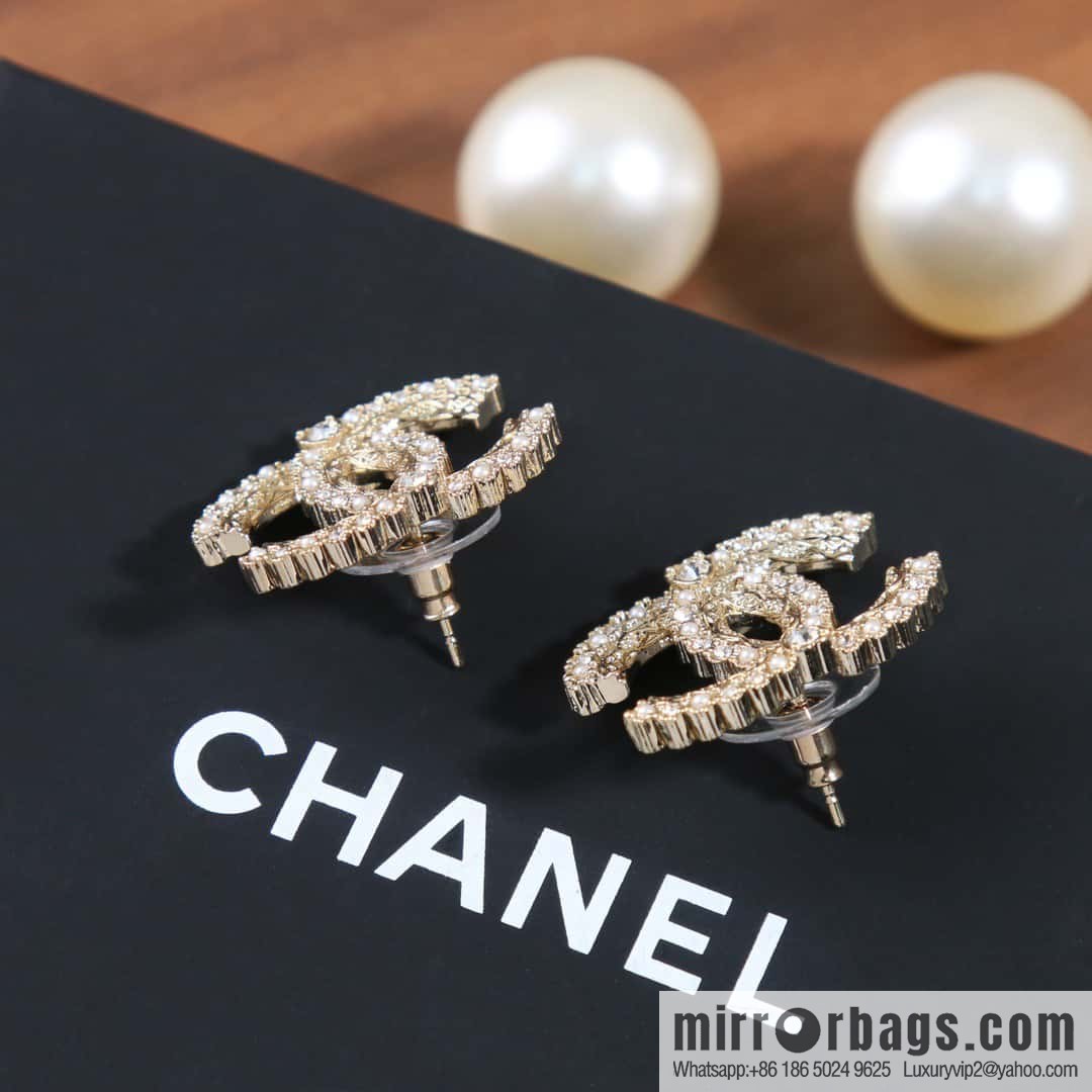 ☀️New ☑️ chanel c1 double c spacer diamond pearl stud earrings ☀️