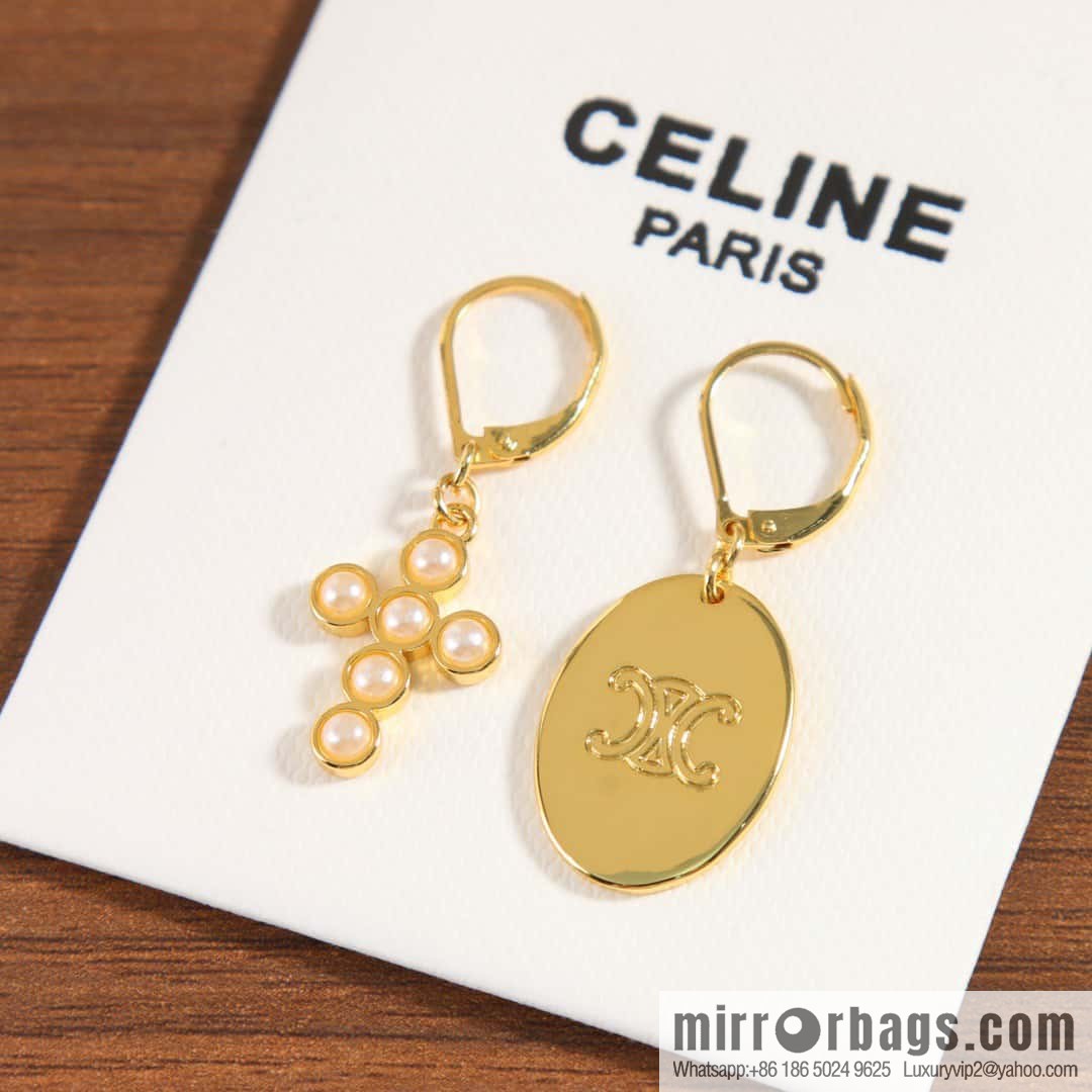 ☀️New ☑️ Celine Asymmetrical Pearl Cross Oval Stud Earrings ☀️