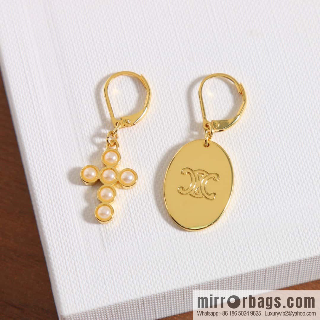 ☀️New ☑️ Celine Asymmetrical Pearl Cross Oval Stud Earrings ☀️