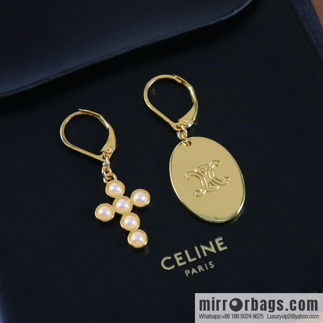 ☀️New ☑️ Celine Asymmetrical Pearl Cross Oval Stud Earrings ☀️
