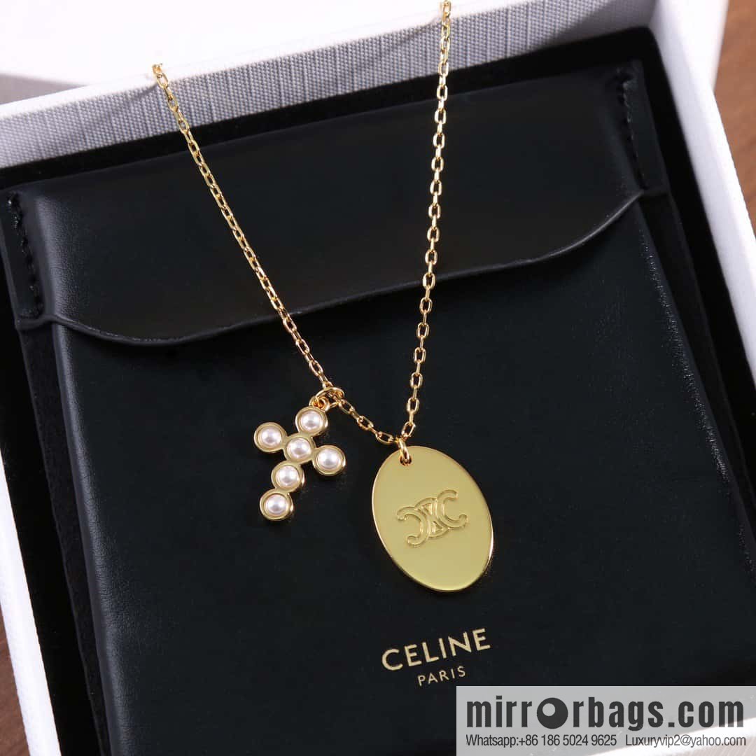 ❗️New ❗️ ☀️ New ☑️ Celine Pearl Cross Oval Long Necklace, Double Wear
