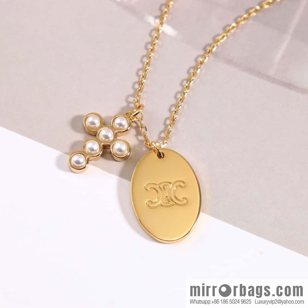 ❗️New ❗️ ☀️ New ☑️ Celine Pearl Cross Oval Long Necklace, Double Wear