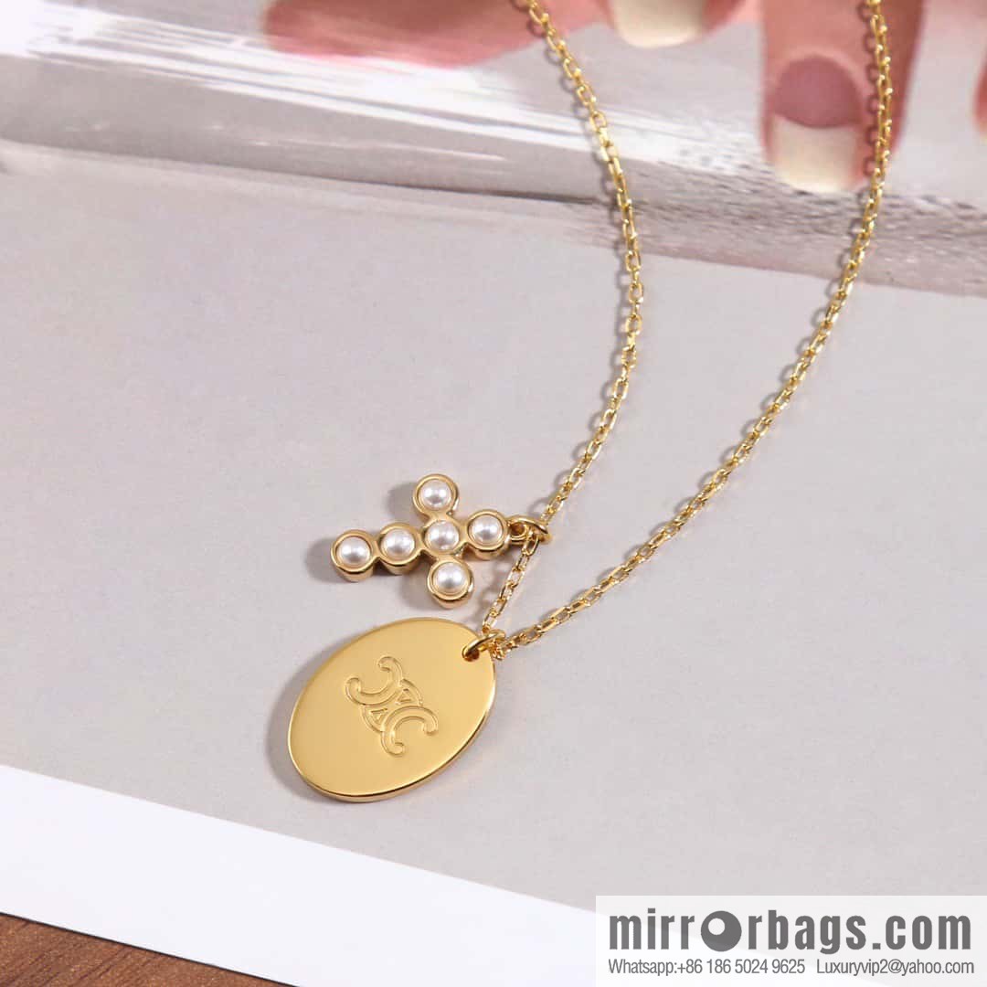 ❗️New ❗️ ☀️ New ☑️ Celine Pearl Cross Oval Long Necklace, Double Wear