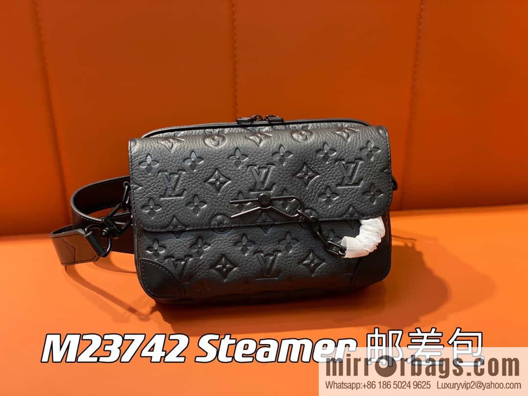 [Premium‑quality] M23742 46795 full leather black men's bag messenger bag series Steamer messenger bag
