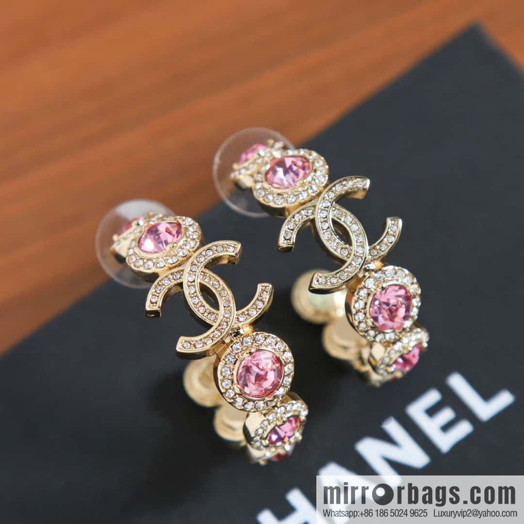 New, Chanel C1 double c semicircular pink diamond stud earrings.