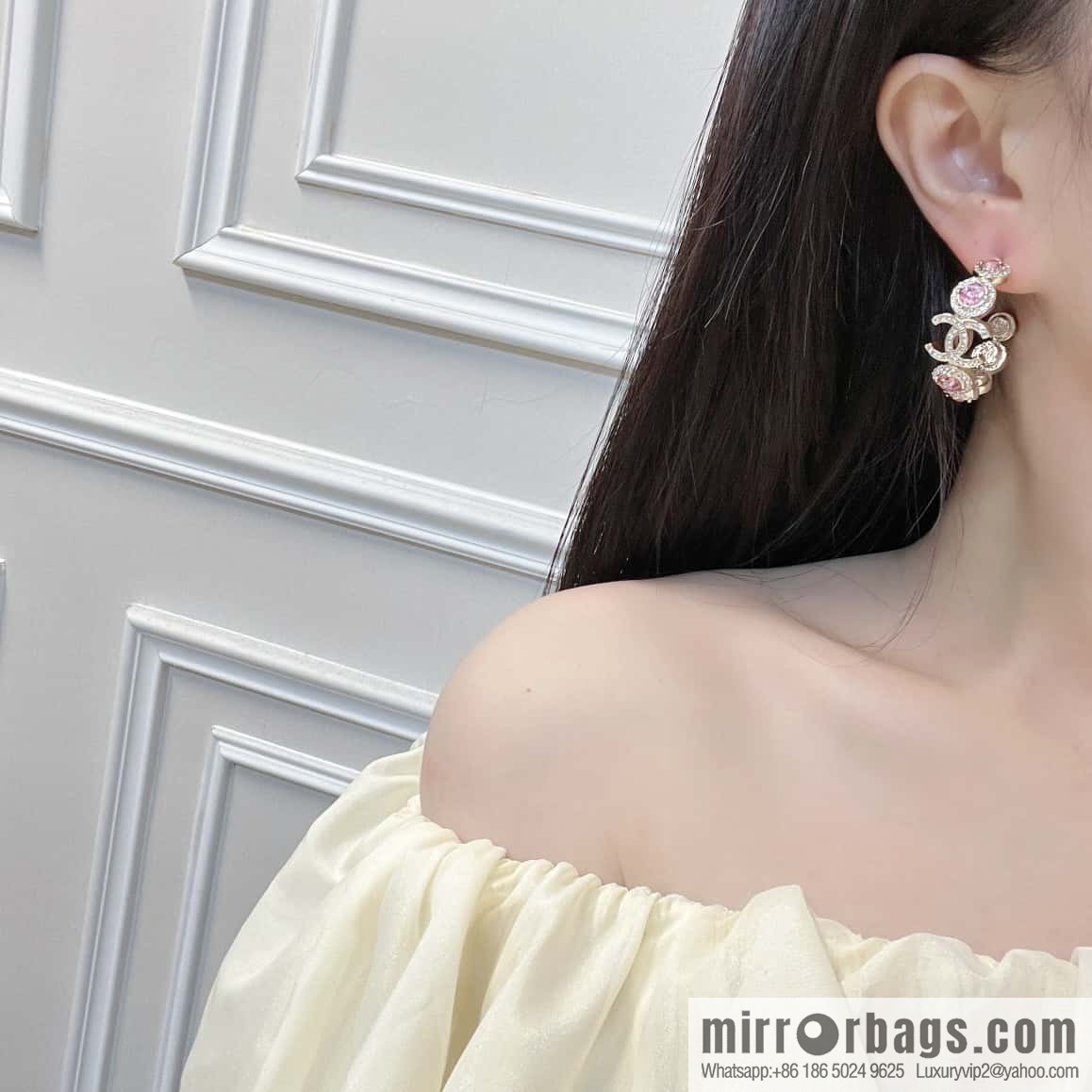 New, Chanel C1 double c semicircular pink diamond stud earrings.