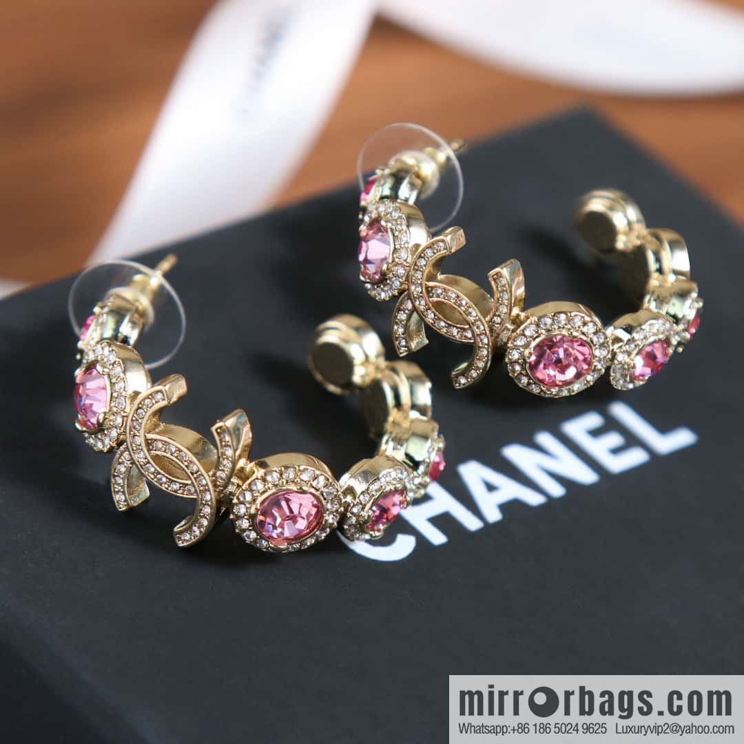 New, Chanel C1 double c semicircular pink diamond stud earrings.