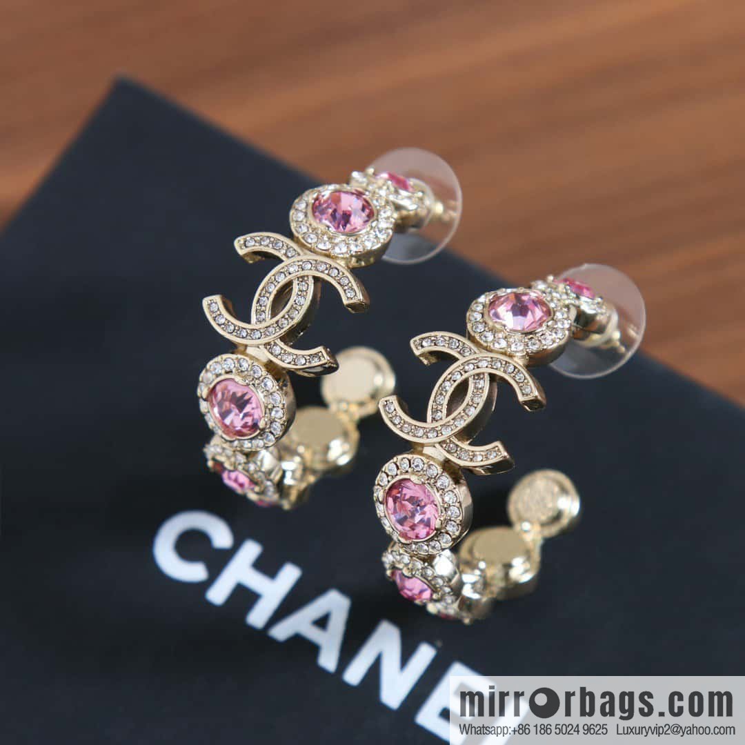 New, Chanel C1 double c semicircular pink diamond stud earrings.
