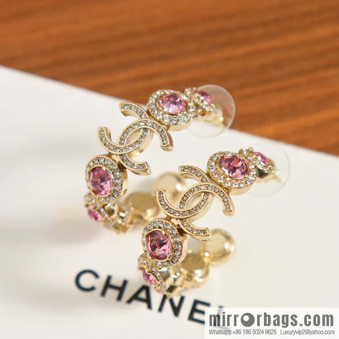 New, Chanel C1 double c semicircular pink diamond stud earrings.