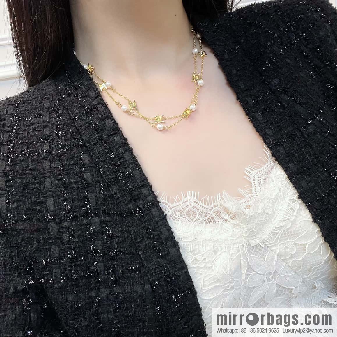 New Celine Double Arc de Triomphe Pearl Necklace