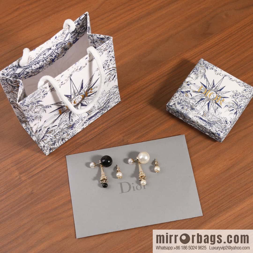 New ☑️ DIOR Asymmetrical Black Pearl Eiffel Tower Earrings