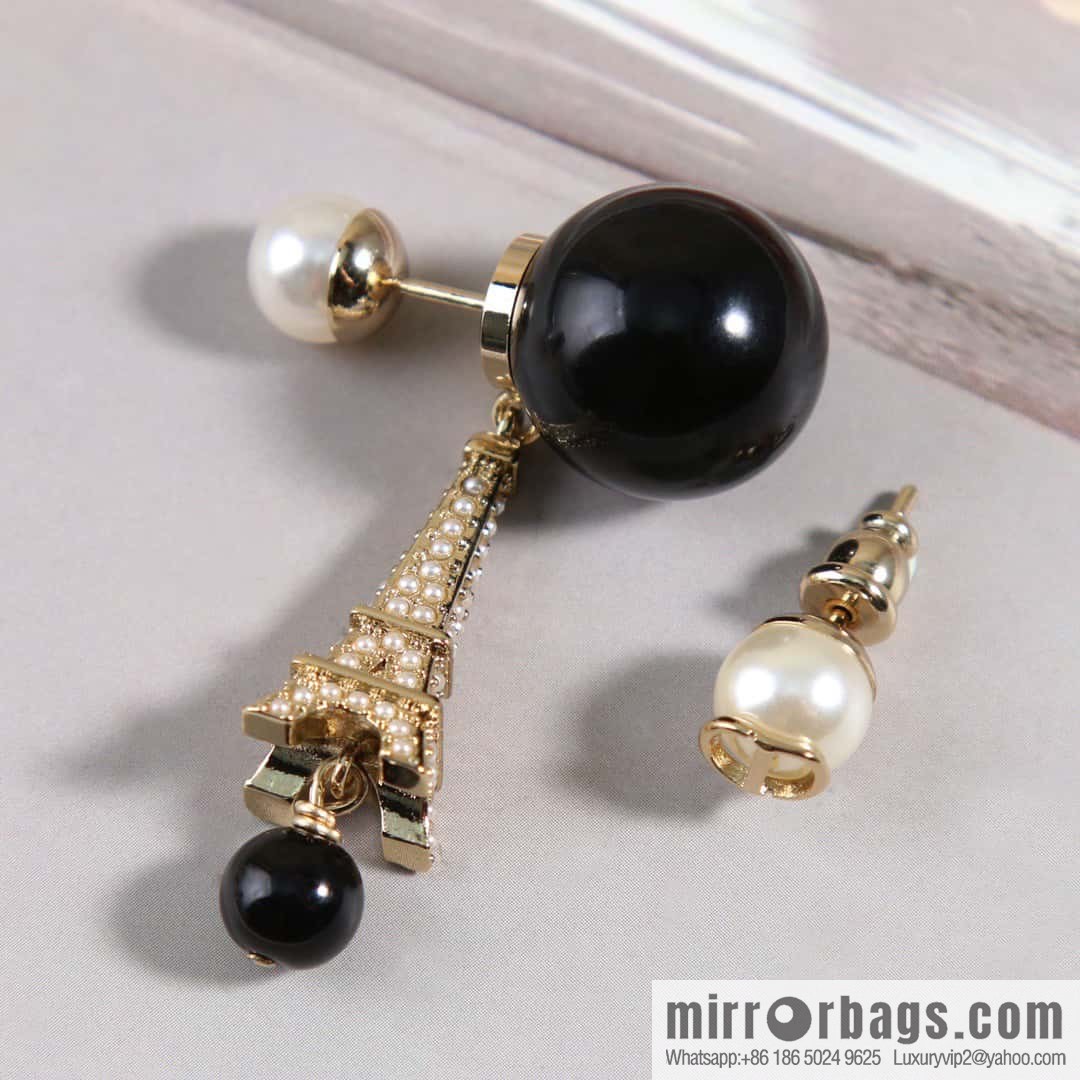 New ☑️ DIOR Asymmetrical Black Pearl Eiffel Tower Earrings