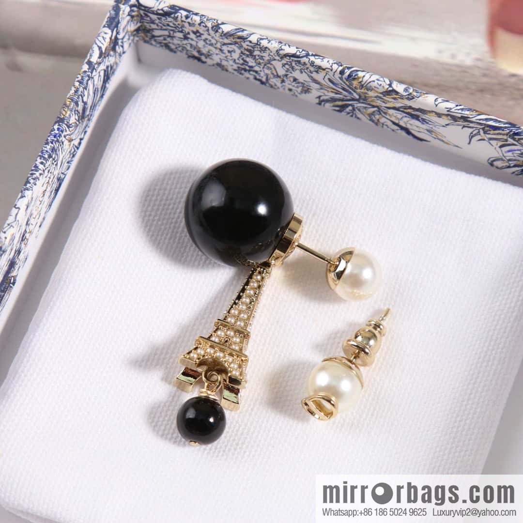 New ☑️ DIOR Asymmetrical Black Pearl Eiffel Tower Earrings