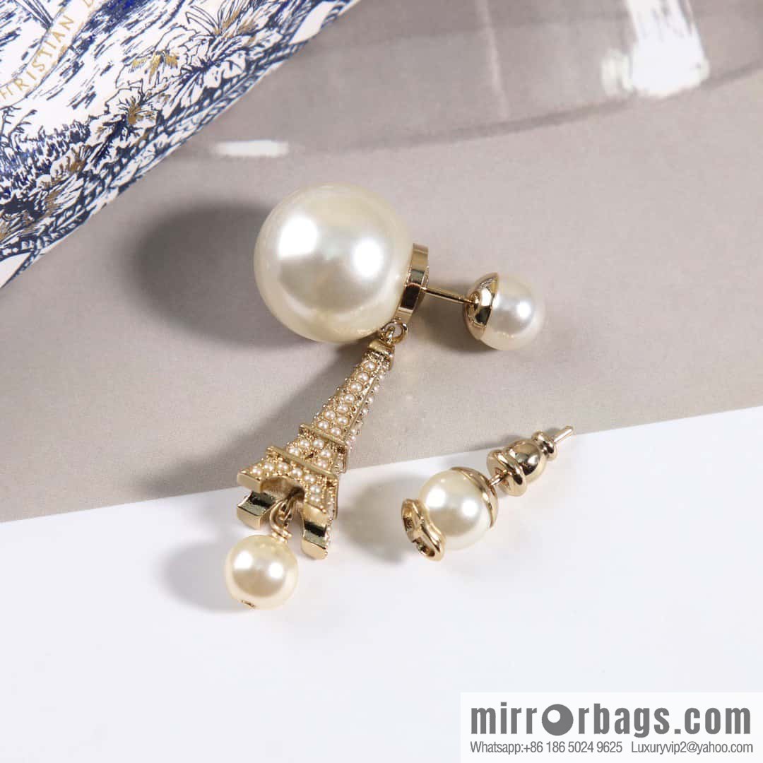 New ☑️ DIOR Asymmetrical Black Pearl Eiffel Tower Earrings