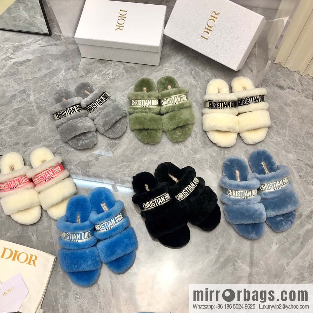 🐰🐰2023-Dior/Dior, white embroidered striped logo velvet one-word flat slippers autumn and winter new wool slippers