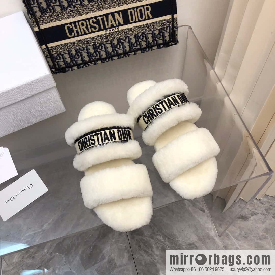 🐰🐰2023-Dior/Dior, white embroidered striped logo velvet one-word flat slippers autumn and winter new wool slippers