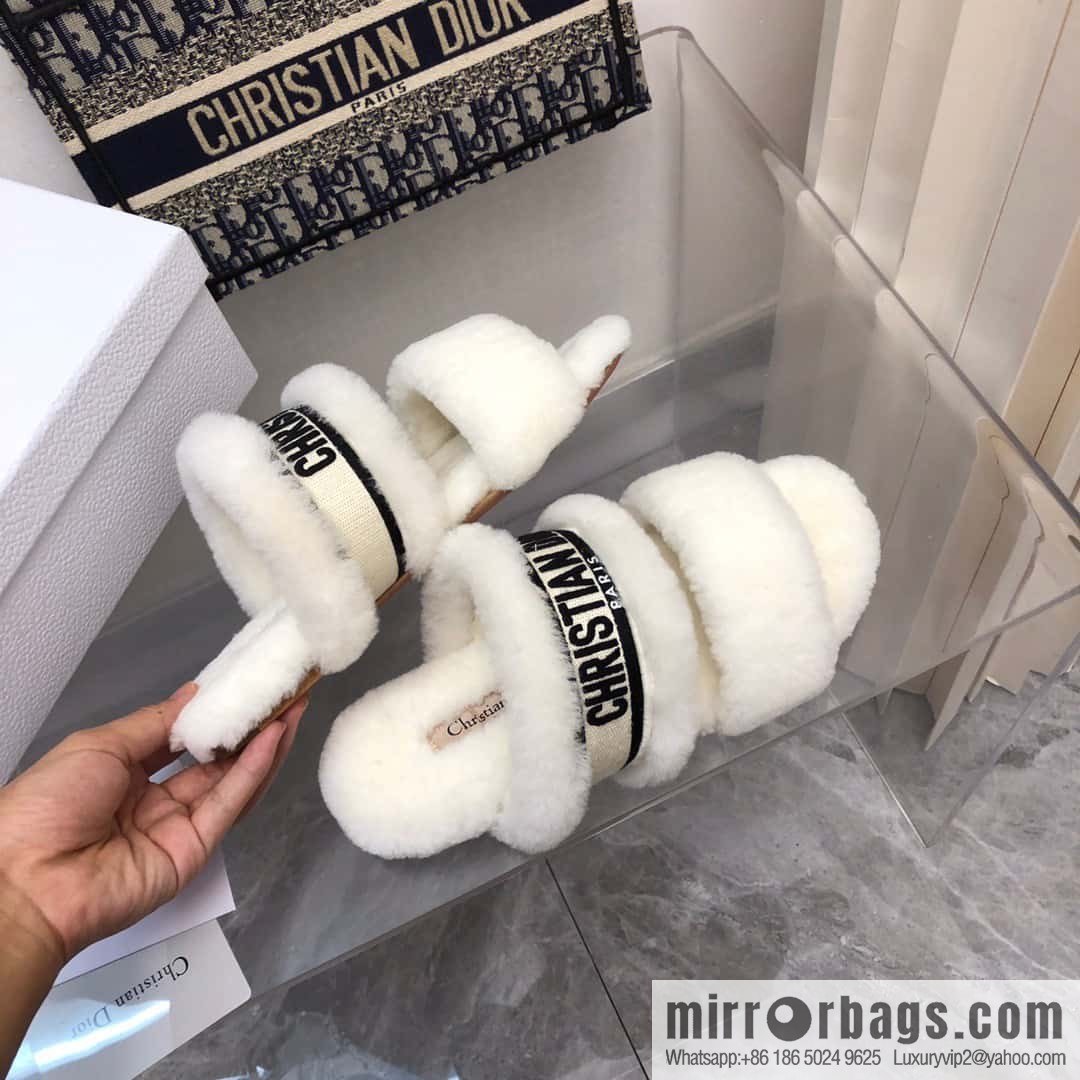 🐰🐰2023-Dior/Dior, white embroidered striped logo velvet one-word flat slippers autumn and winter new wool slippers