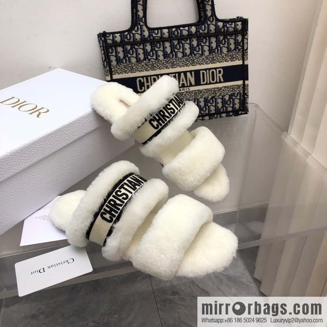 🐰🐰2023-Dior/Dior, white embroidered striped logo velvet one-word flat slippers autumn and winter new wool slippers