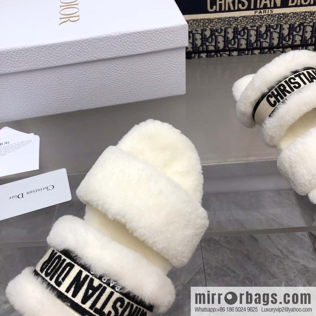 🐰🐰2023-Dior/Dior, white embroidered striped logo velvet one-word flat slippers autumn and winter new wool slippers