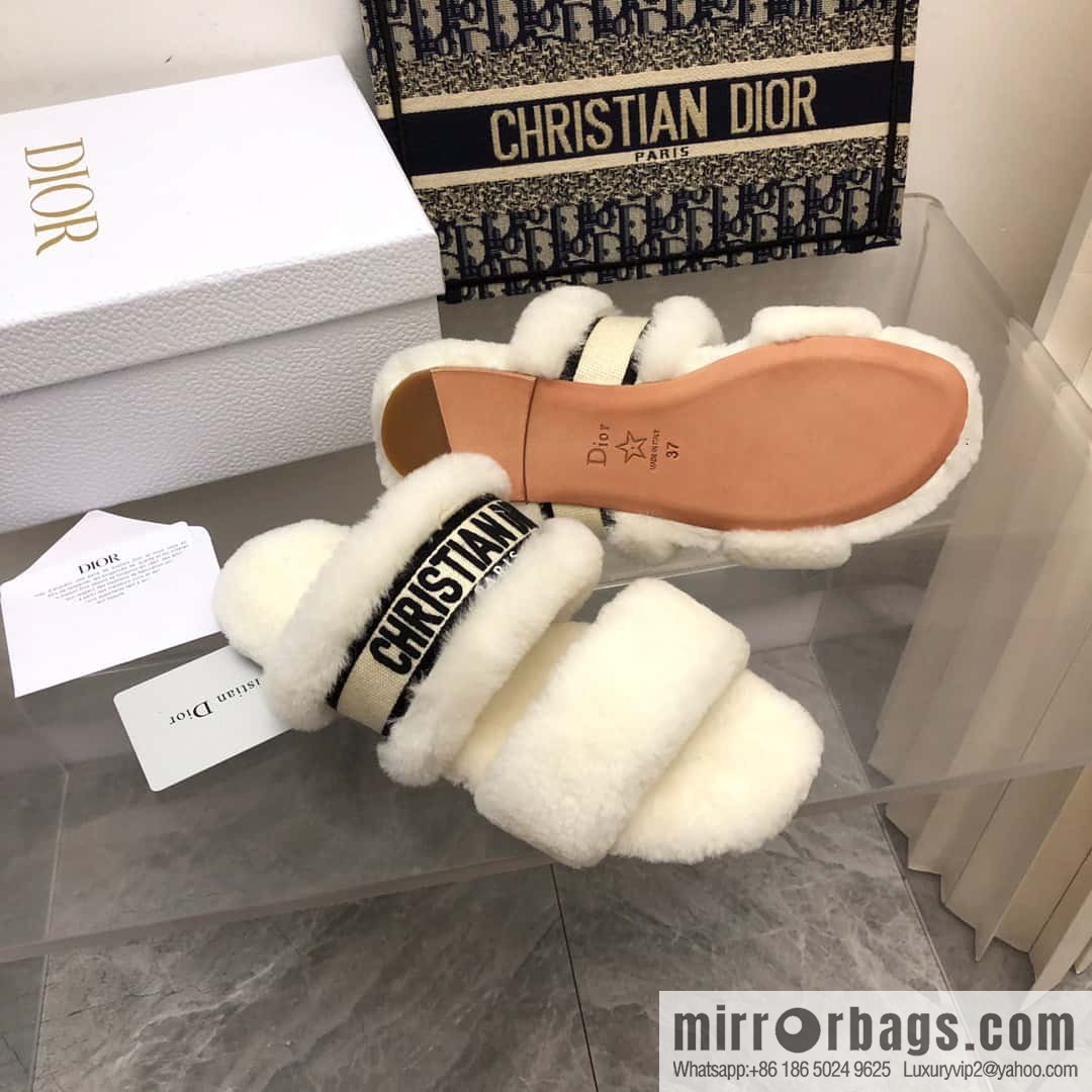 🐰🐰2023-Dior/Dior, white embroidered striped logo velvet one-word flat slippers autumn and winter new wool slippers