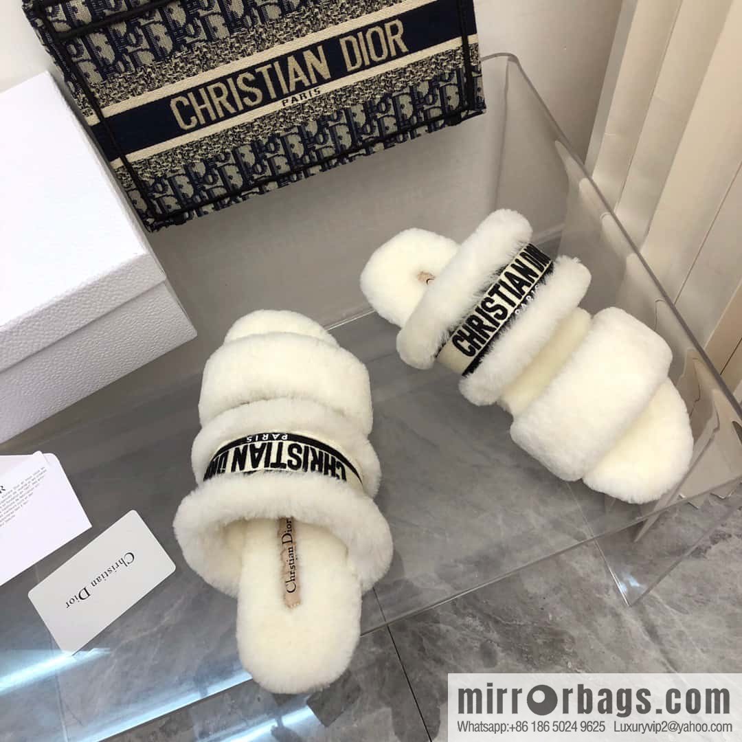 🐰🐰2023-Dior/Dior, white embroidered striped logo velvet one-word flat slippers autumn and winter new wool slippers