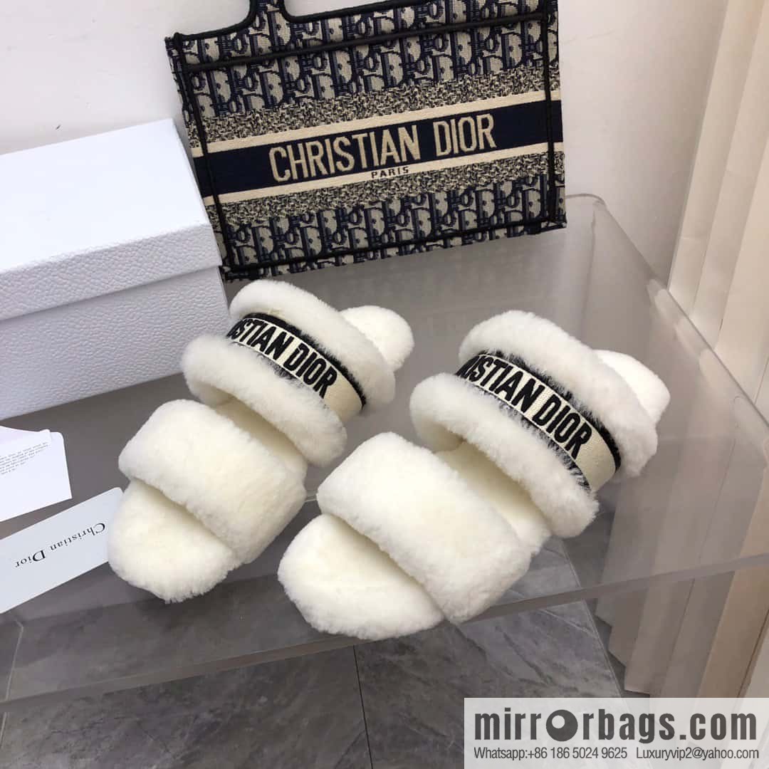 🐰🐰2023-Dior/Dior, white embroidered striped logo velvet one-word flat slippers autumn and winter new wool slippers