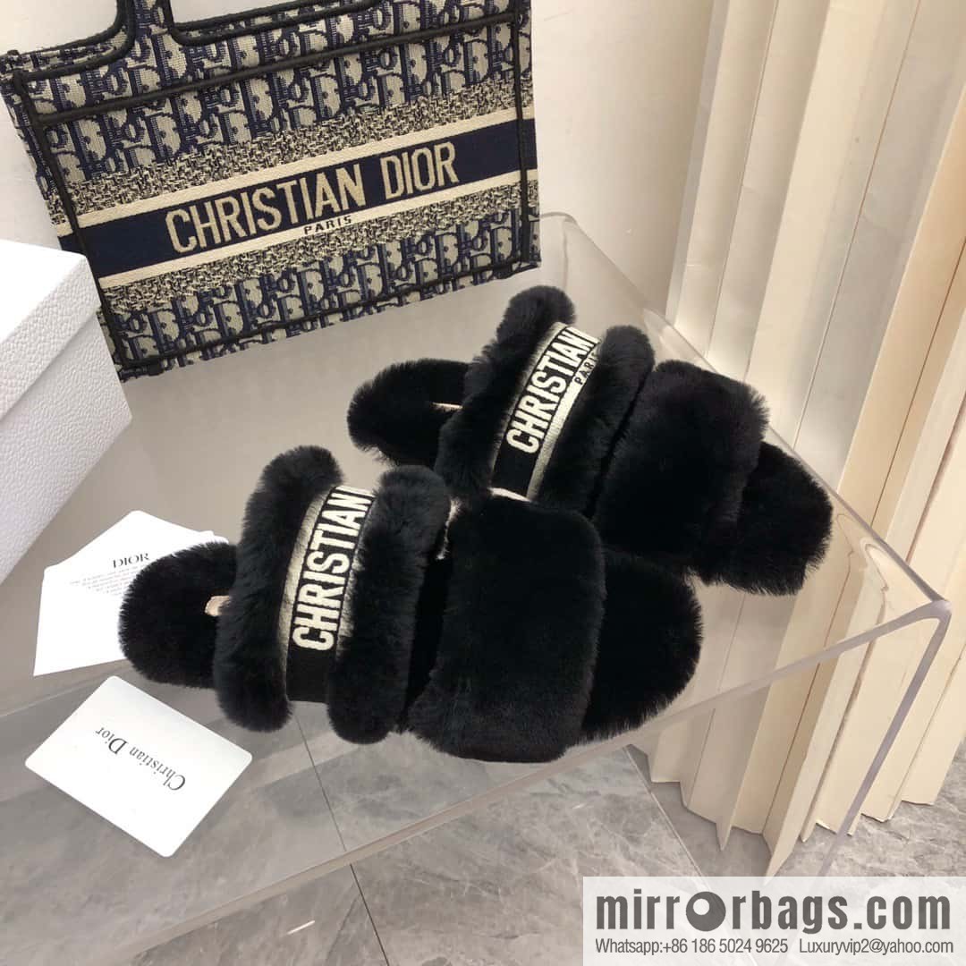 🐰🐰2023-Dior/Dior, white embroidered striped logo velvet one-word flat slippers autumn and winter new wool slippers