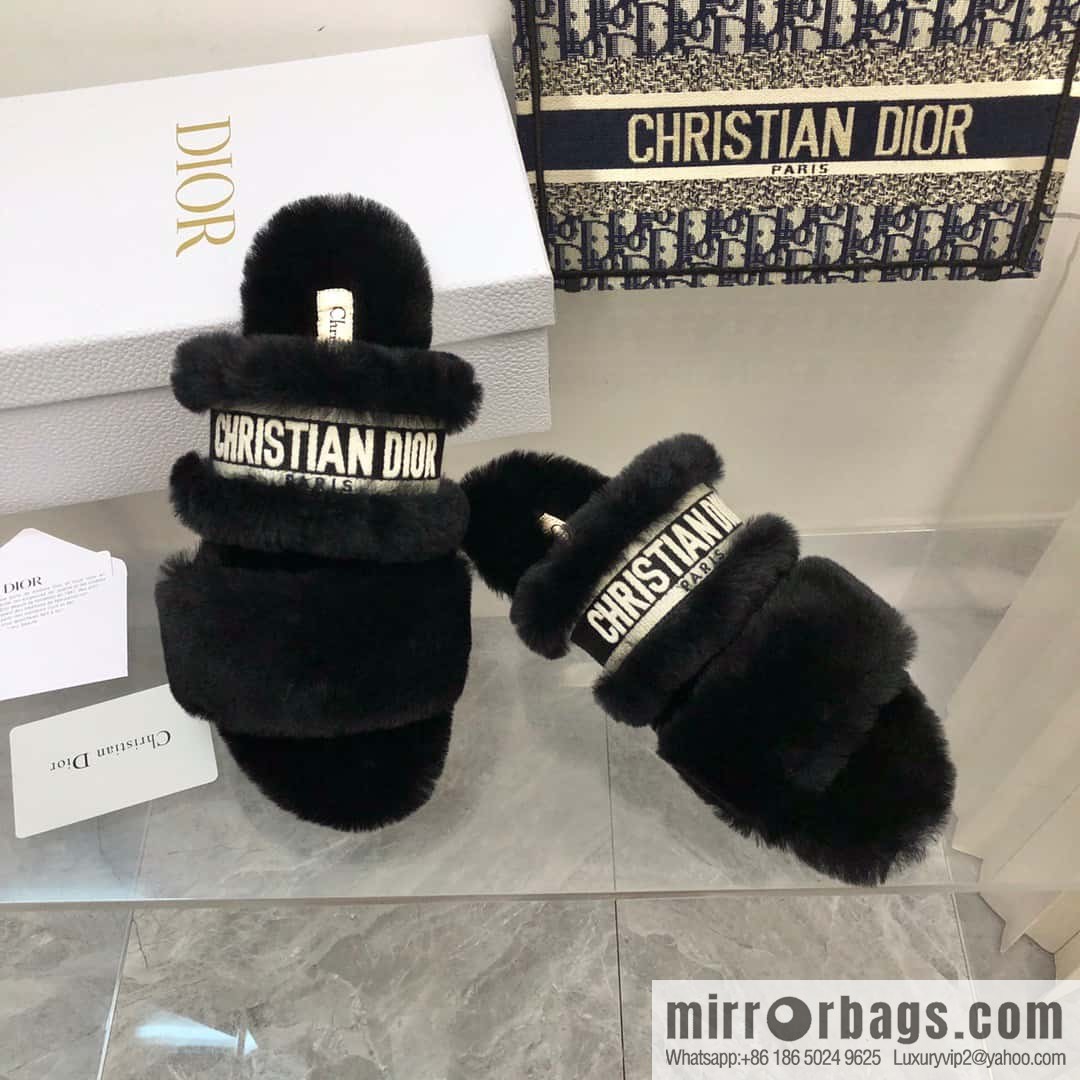 🐰🐰2023-Dior/Dior, white embroidered striped logo velvet one-word flat slippers autumn and winter new wool slippers