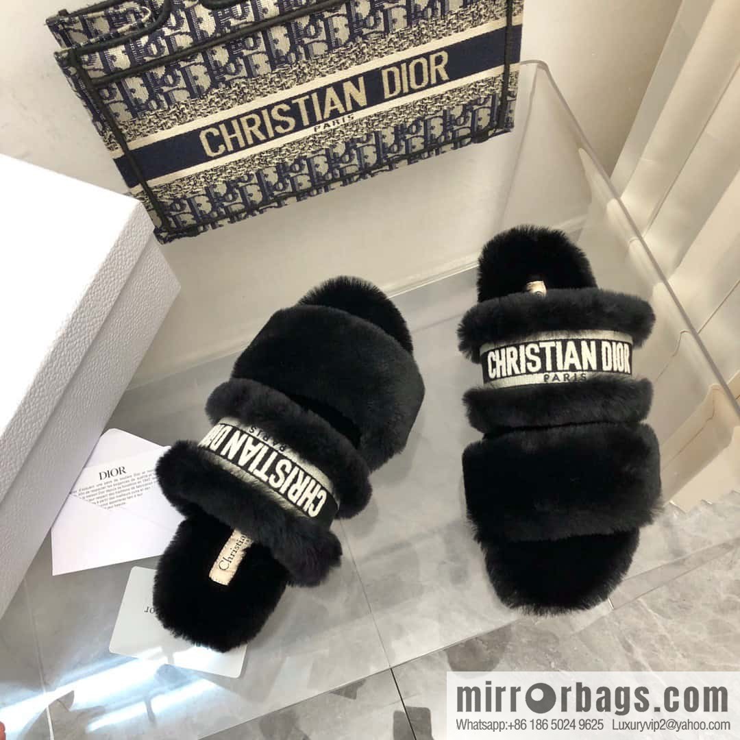 🐰🐰2023-Dior/Dior, white embroidered striped logo velvet one-word flat slippers autumn and winter new wool slippers